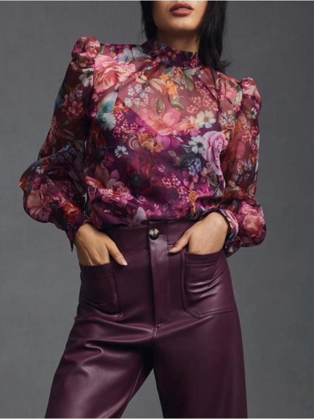 Anthropologie Organza Sheer Floral High-Neck Bow Back Blouse size Medium